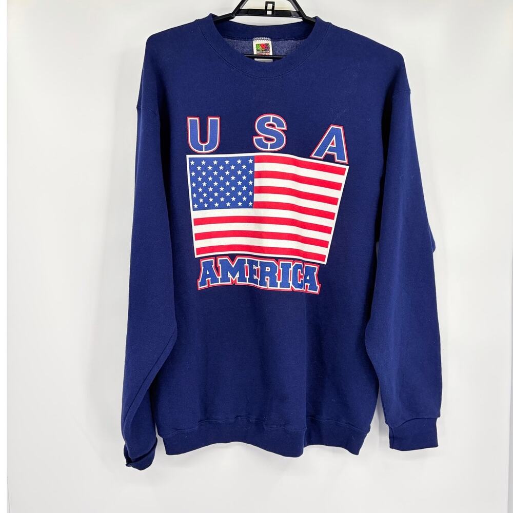 Vtg 90s Fruit of the Loom USA Flag Mens Sweatshirt Sz XL Y2K American Heavy Navy